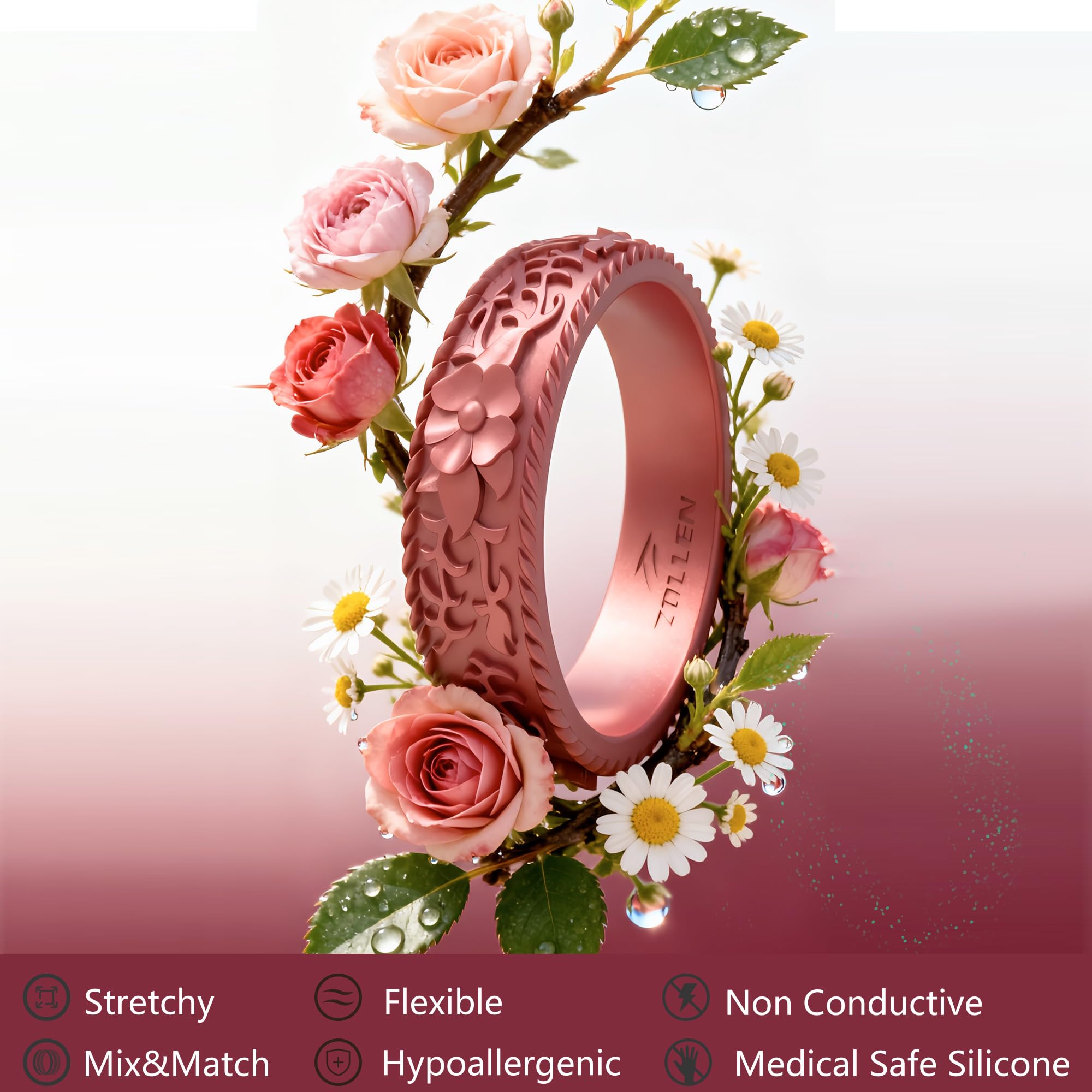 Silicone Wedding Rings for Women 1/4/7 Packs -Stackable Silicone Rubber Wedding Bands - Innovative Flower & Vine Collection