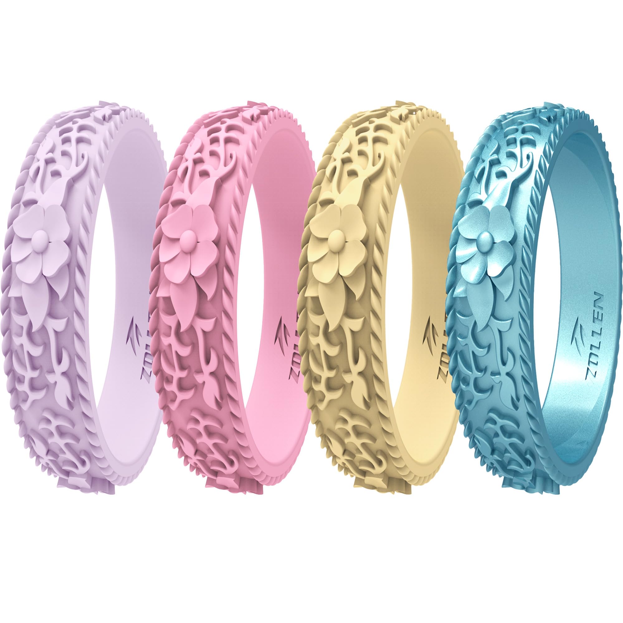Silicone Wedding Rings for Women 1/4/7 Packs -Stackable Silicone Rubber Wedding Bands - Innovative Flower & Vine Collection