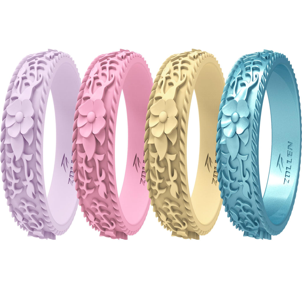 Silicone Wedding Rings for Women 1/4/7 Packs -Stackable Silicone Rubber Wedding Bands - Innovative Flower & Vine Collection