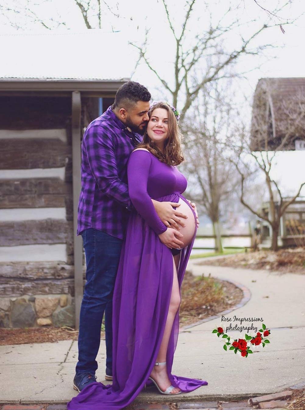 ZIUMUDY Maternity Maxi Chiffon Photography Dress Split Front Gown for Photoshoot