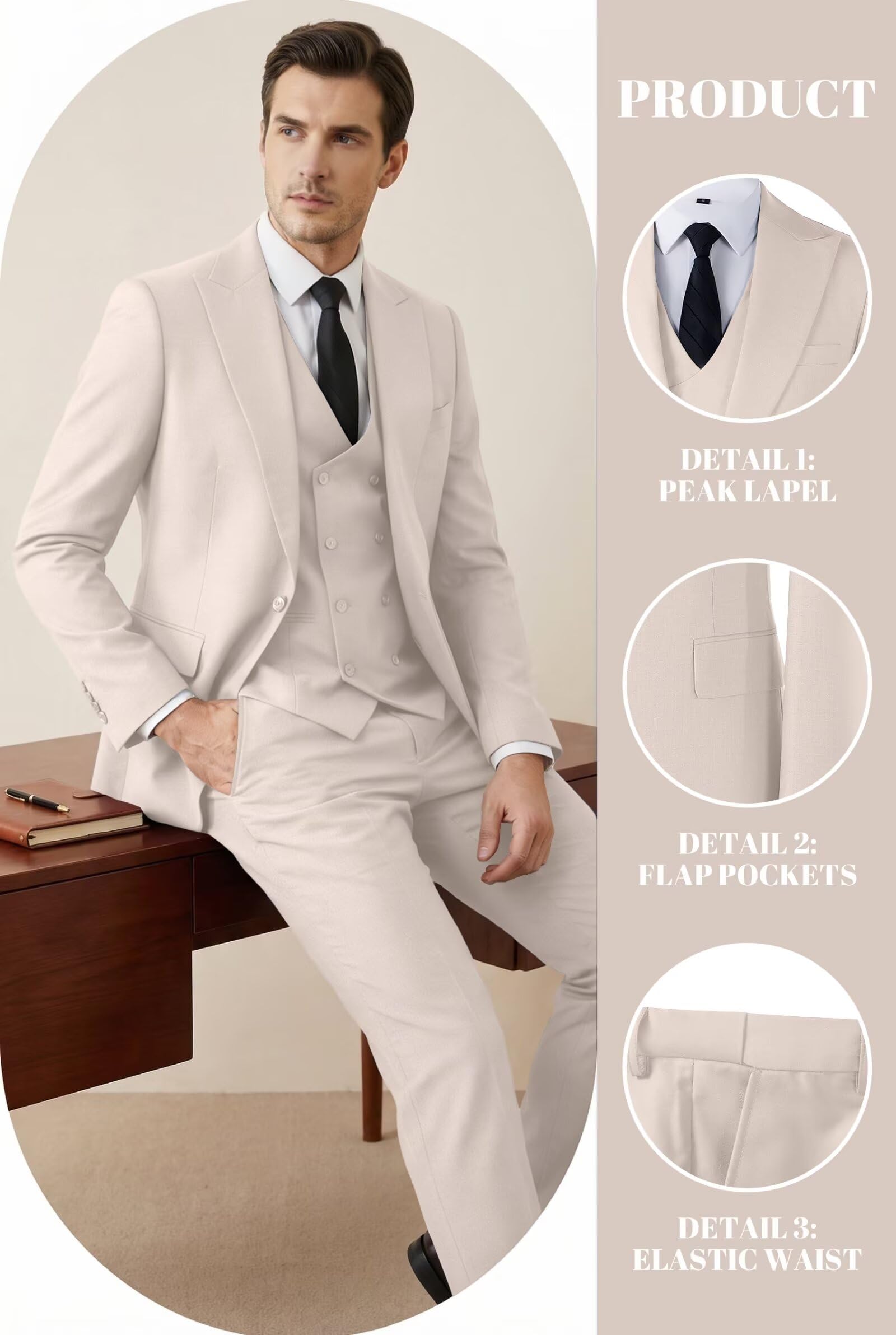Mens Suit 3 Piece Double Breasted Suit Men Formal Business Tuxedos Blazer Vest Pants Set for Wedding Party Dinner