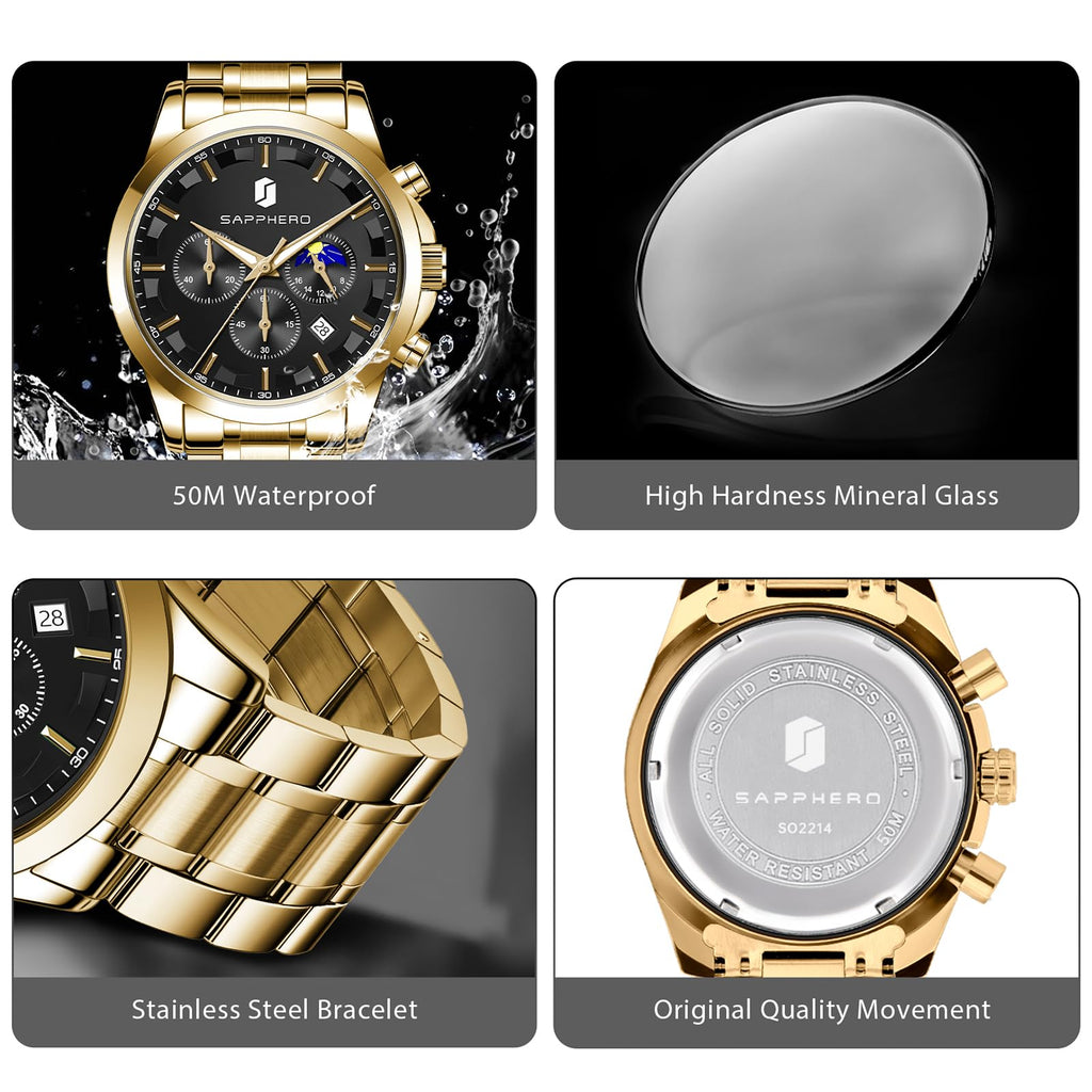 SAPPHERO Chronograph Watches for Men, Original Business Casual Stainless Steel Analog Watch 50M Waterproof Luminous Watches with Date Dial, Mens Gift