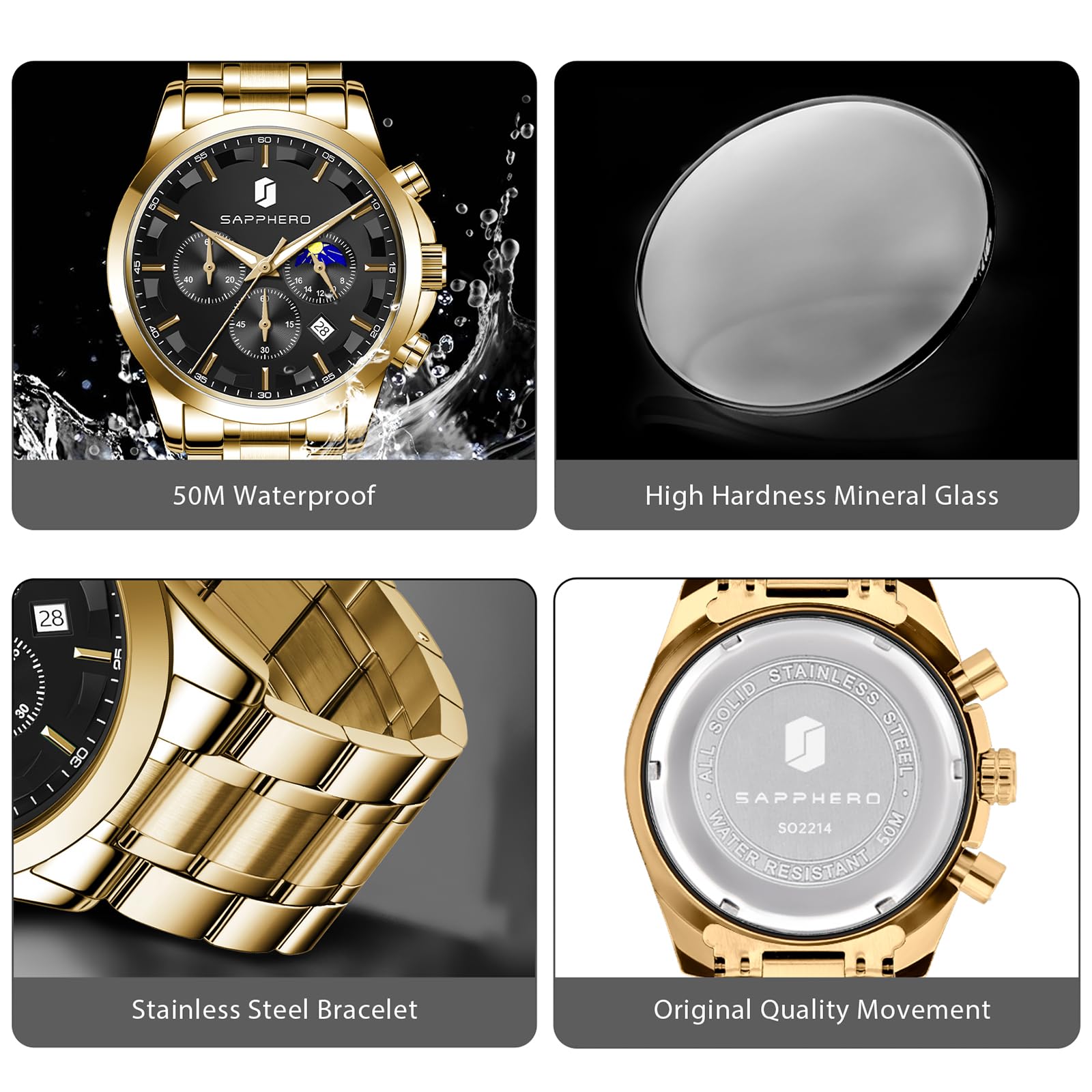 SAPPHERO Chronograph Watches for Men, Original Business Casual Stainless Steel Analog Watch 50M Waterproof Luminous Watches with Date Dial, Mens Gift