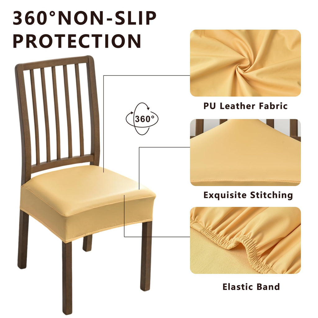 NILUOH Waterproof Seat Covers for Dining Room Chairs Set of 6, Pu Leather Chair Seat Slipcovers Dining Chair Cover Removable Washable Chair Protctor Cover, Rear Covers (PU-Coffee)