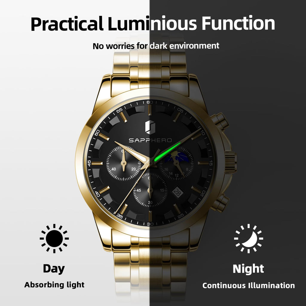 SAPPHERO Chronograph Watches for Men, Original Business Casual Stainless Steel Analog Watch 50M Waterproof Luminous Watches with Date Dial, Mens Gift