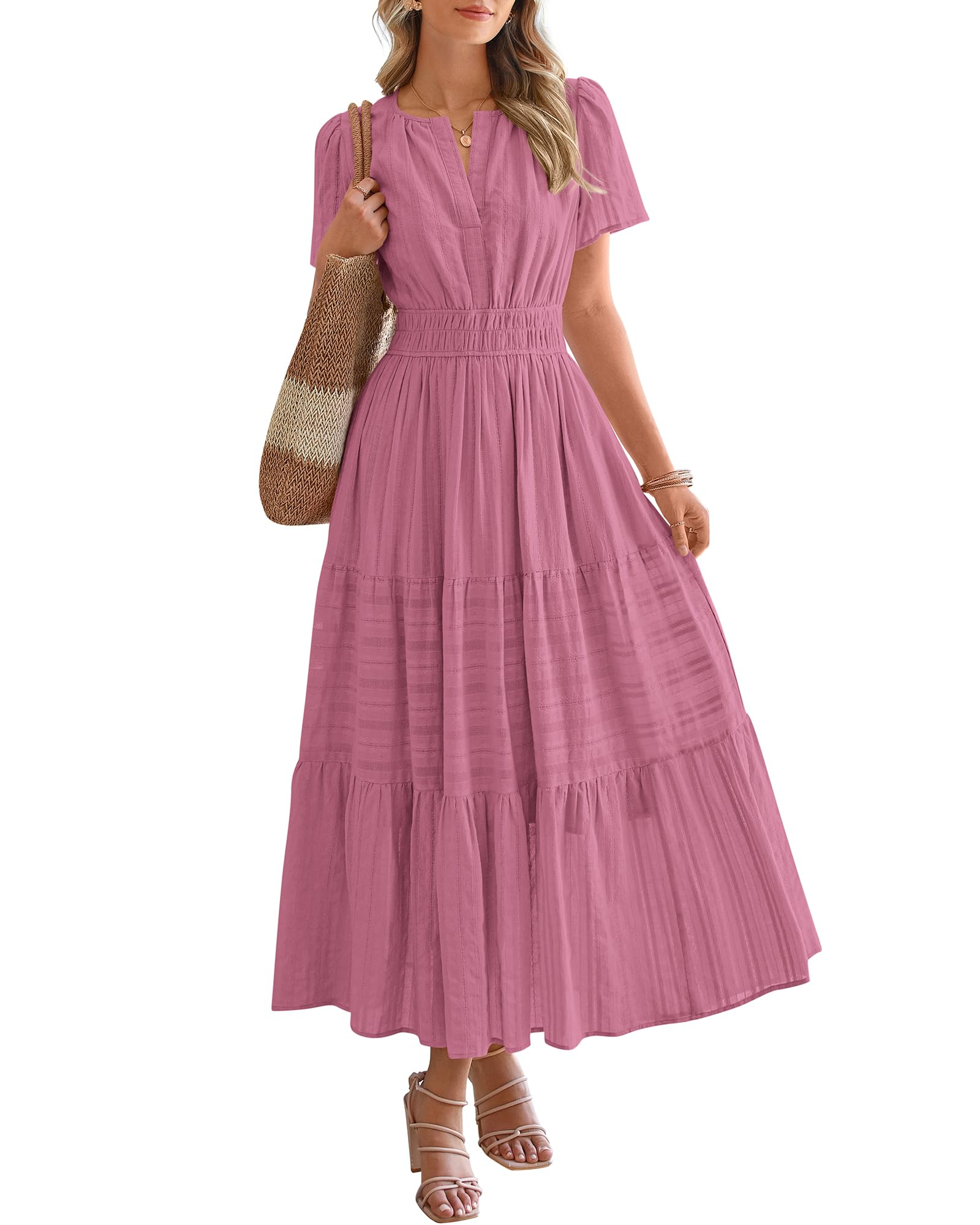 BTFBM Womens Summer 2026 Casual Midi Maxi Dresses Lightweight Short Sleeve V Neck Elastic Waist Boho Beach Dress Pockets