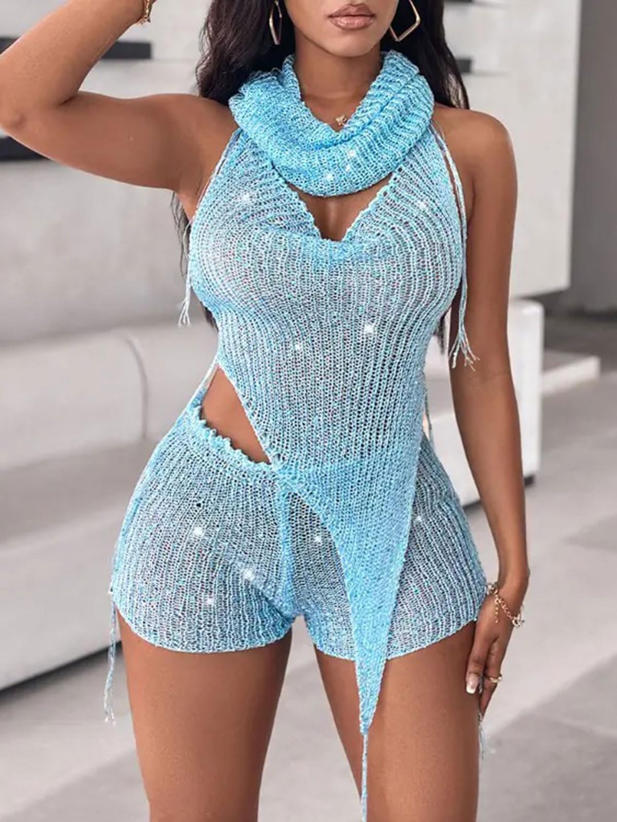 KANSOON Sexy Two Piece Outfits for Women Sequin Knit Backless Irregular Halter Top Crochet Shorts Set with Matching Rave Hood
