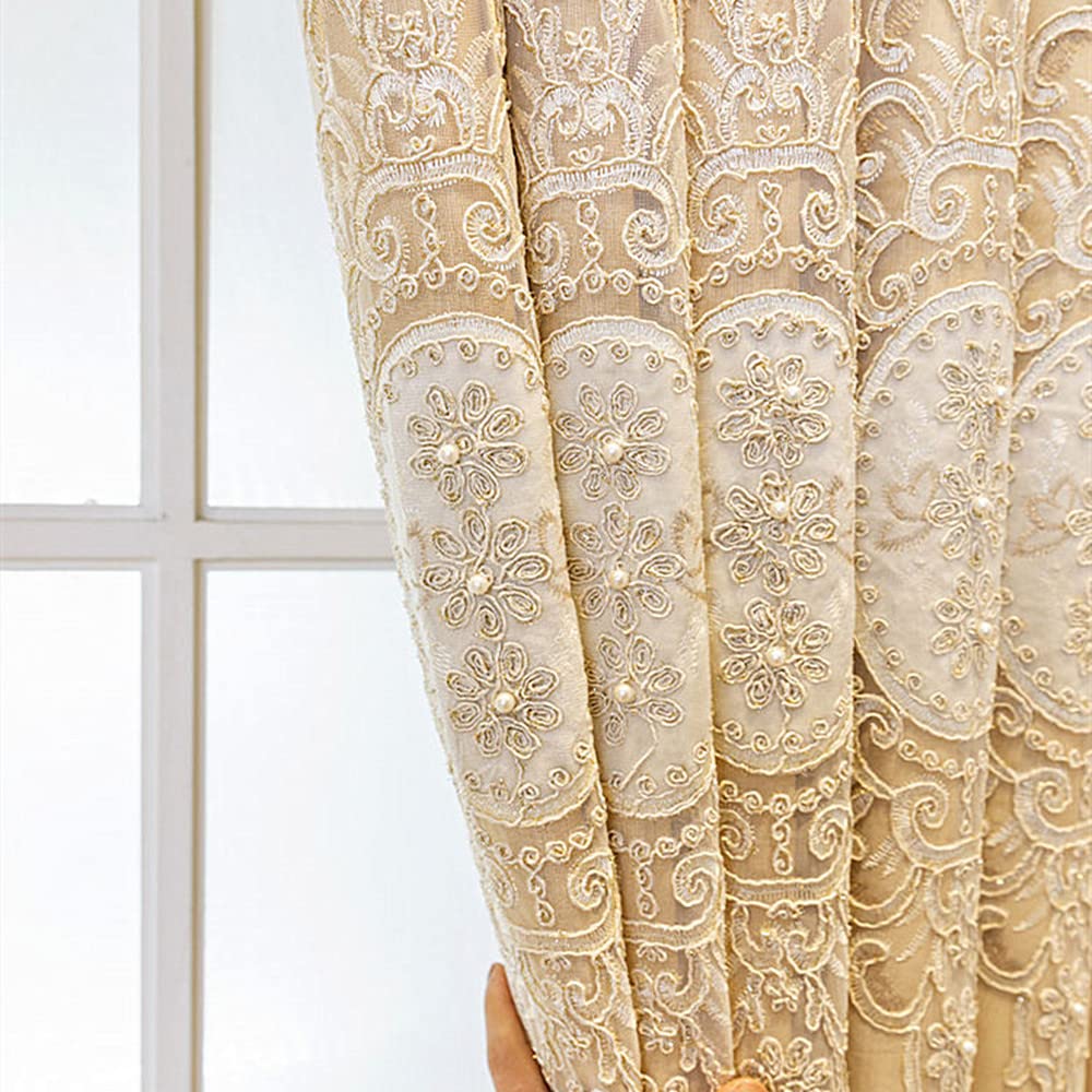 Amidoudou 1 Pair European Double Layer Curtains with Valances for Living Room Bedroom Luxury 3D Flower Embroidered Curtains (Yellow,52x96 Inch)