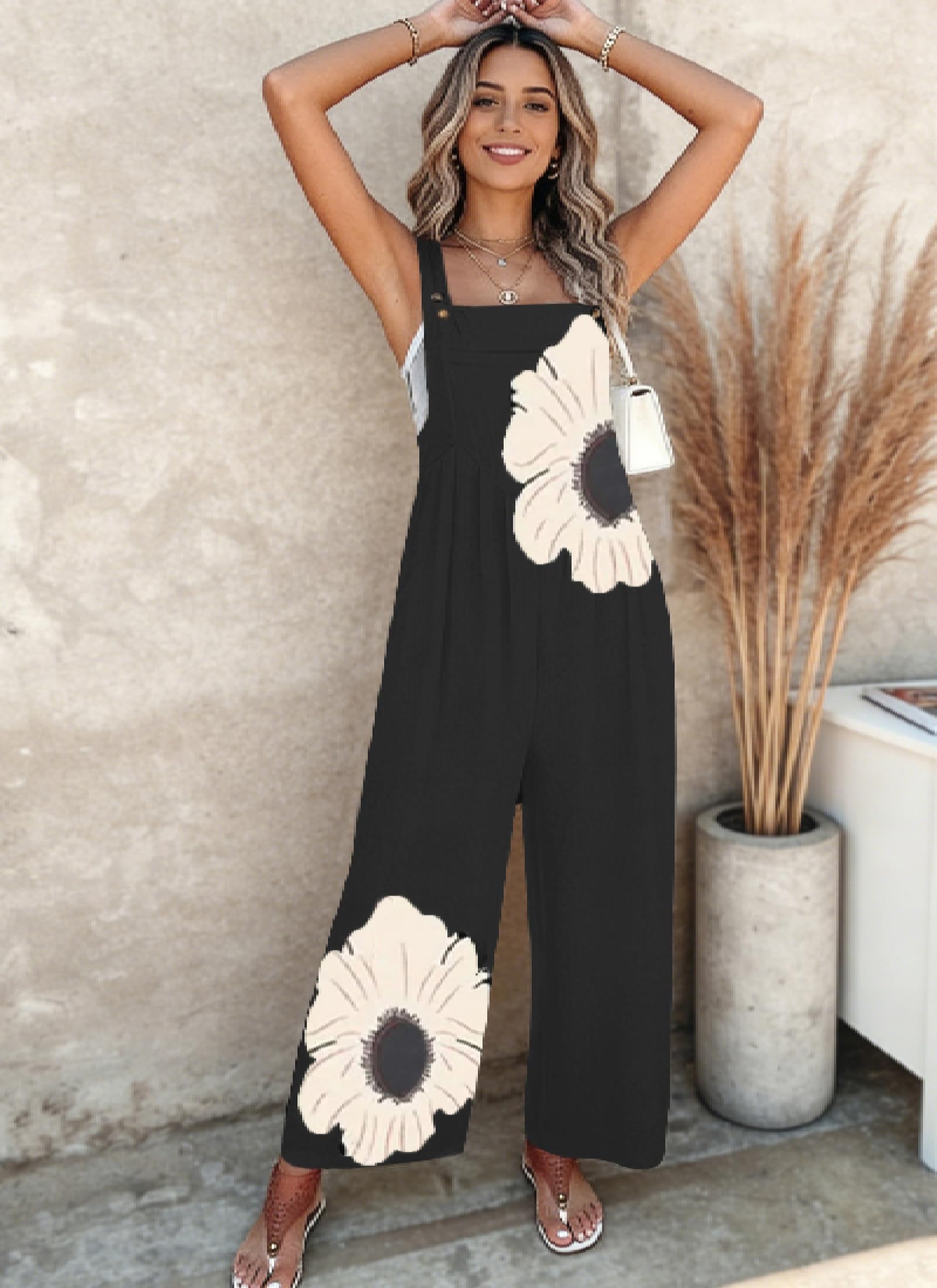 Women's Jumpsuits 2026 Summer Floral Overalls One Piece Outfits Sleeveless Wide Leg Pants Rompers with Pockets