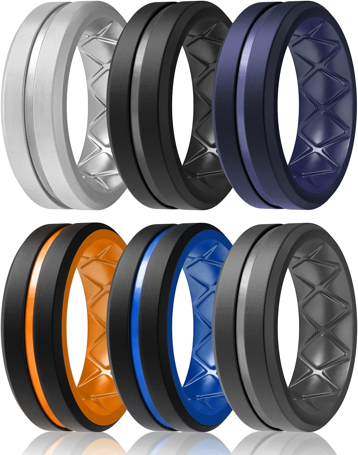 Egnaro Men's Silicone Ring 1/4/6 Multipack, Workout Travel Rubber Wedding Bands For Him, 8mm Width 2mm Thickness