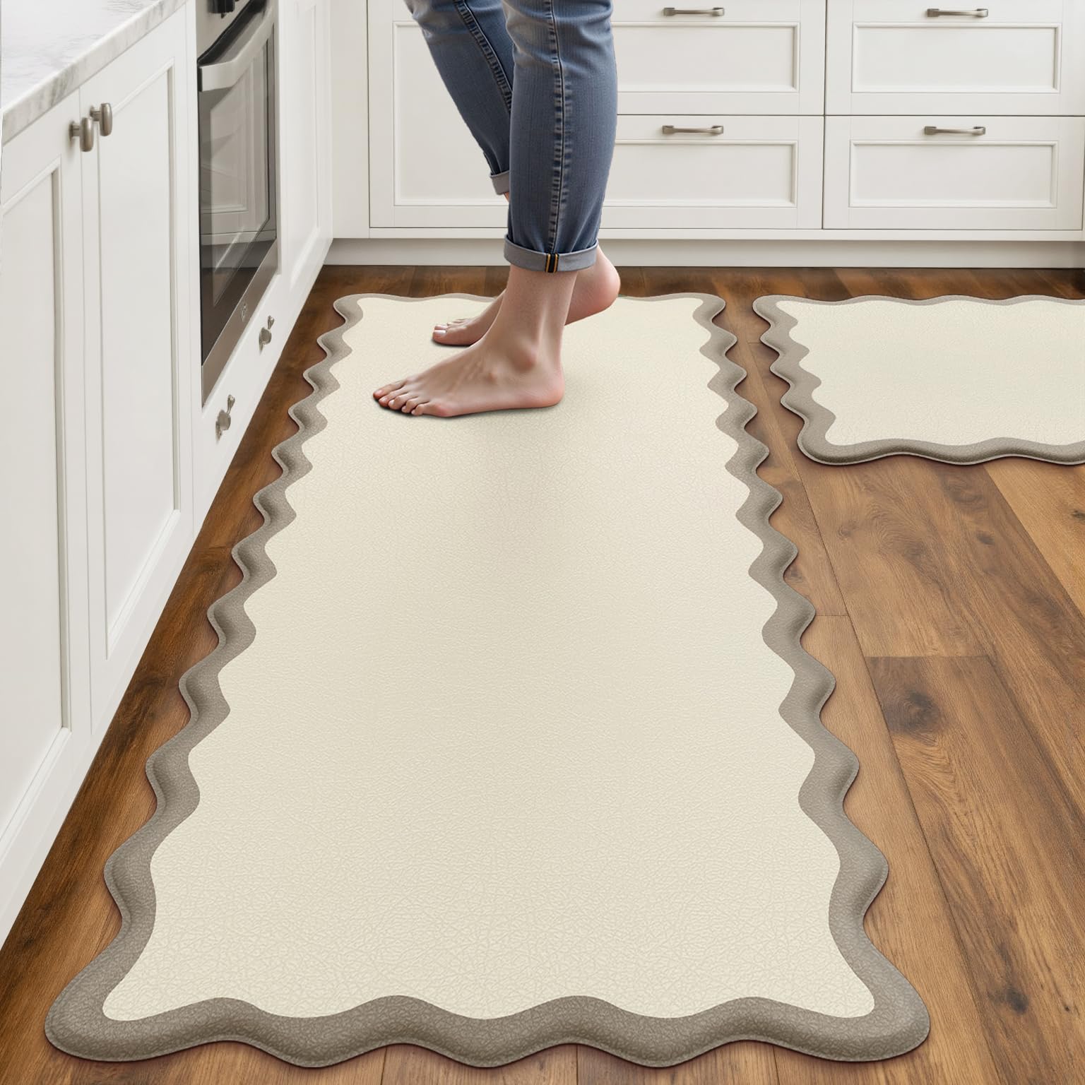 Arenarug Upgrade Scalloped Embossed Kitchen Mats for Floor 2PCS Cushioned Anti Fatigue Waterproof Foam Kitchen Rugs Non Slip Washable Comfort Standing Mat for Office Sink Laundry, Black