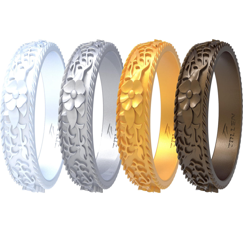 Silicone Wedding Rings for Women 1/4/7 Packs -Stackable Silicone Rubber Wedding Bands - Innovative Flower & Vine Collection