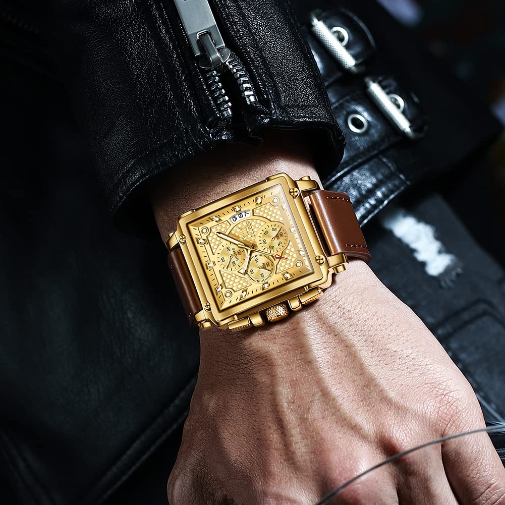 OLEVS Men's Casual Leather Watch, Big Face Chronograph Watch for Men, Fashion Easy to Read Dress Watch, Men's Waterproof Luminous Date Analog Watch, Gold/Black/White/Blue Dial