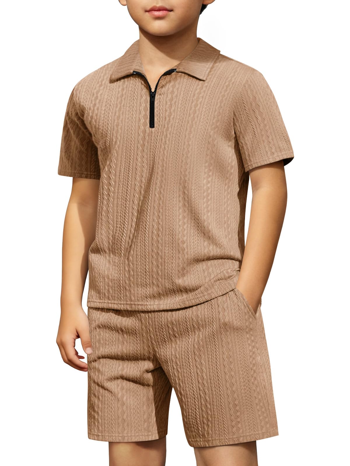Haloumoning Boys 2 Piece Summer Outfits Kids Quarter Zip Polo Shirt and Shorts Set Athletic Tracksuit 5-14 Years
