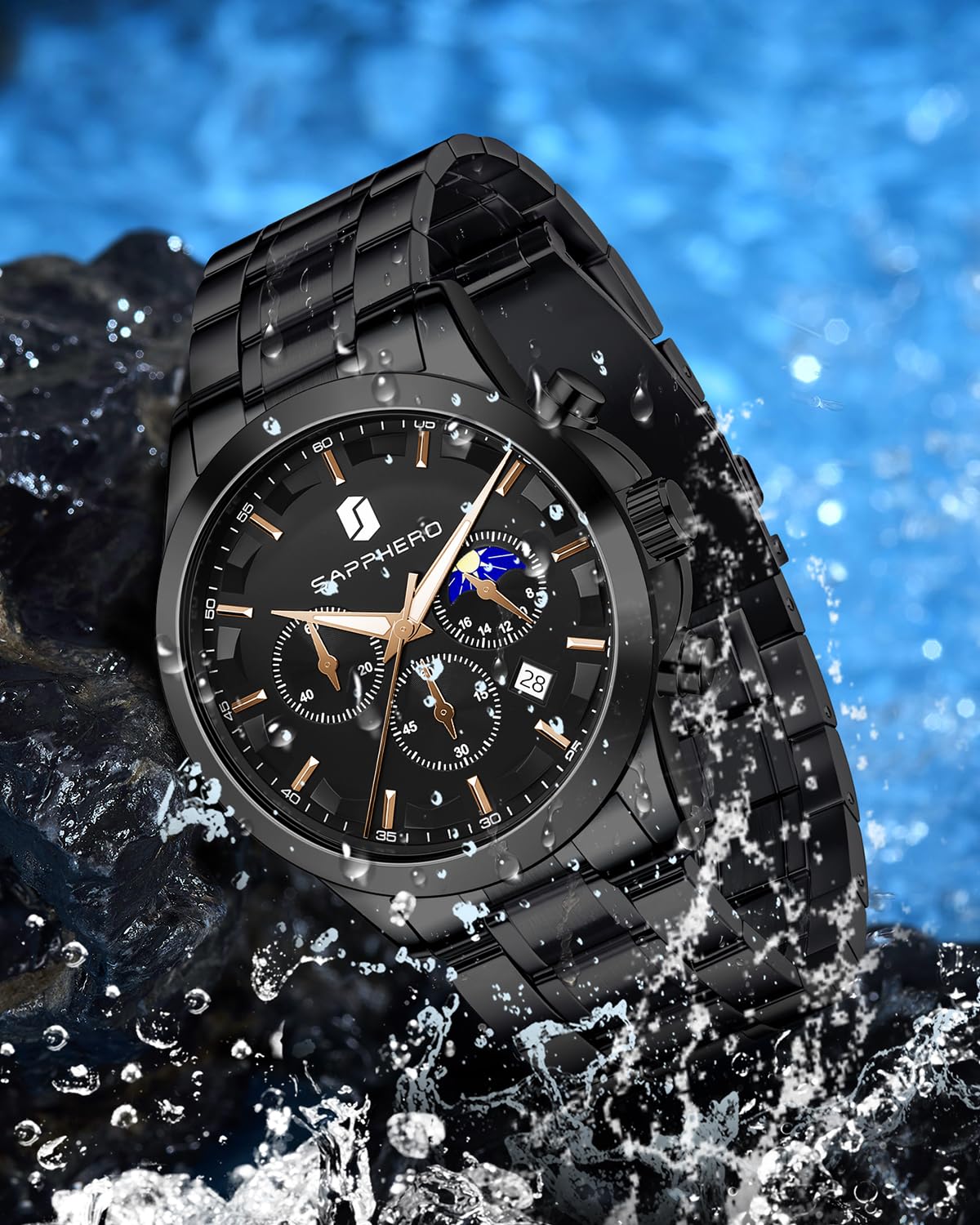 SAPPHERO Chronograph Watches for Men, Original Business Casual Stainless Steel Analog Watch 50M Waterproof Luminous Watches with Date Dial, Mens Gift