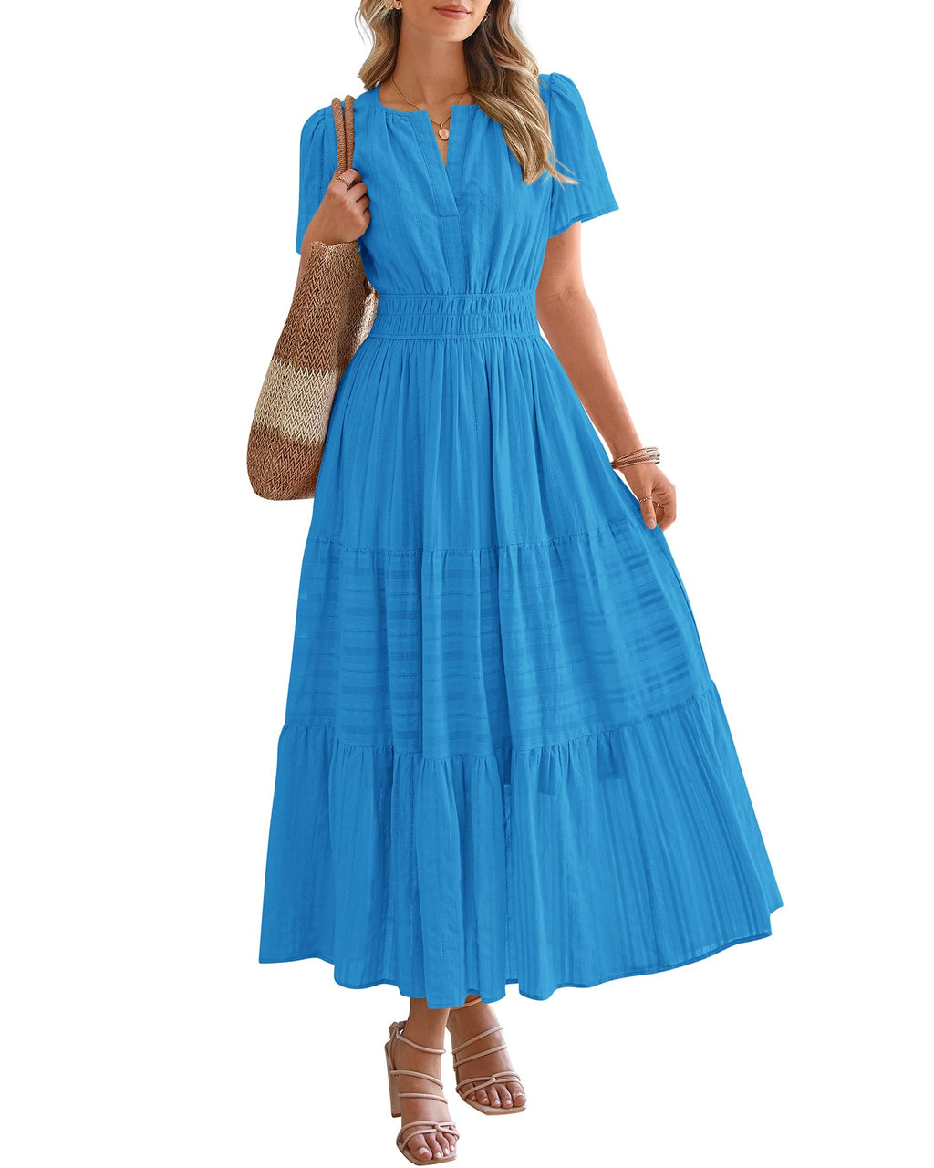 BTFBM Womens Summer 2026 Casual Midi Maxi Dresses Lightweight Short Sleeve V Neck Elastic Waist Boho Beach Dress Pockets