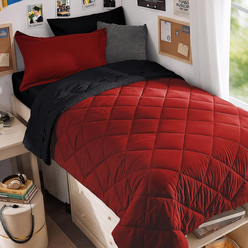 MUXHOMO 7 Pieces King Comforter Set, Reversible Bed in a Bag King Size, All Season Bedding Set with Comforter, Flat Sheet, Fitted Sheet, Pillowcases & Shams, Red & Black