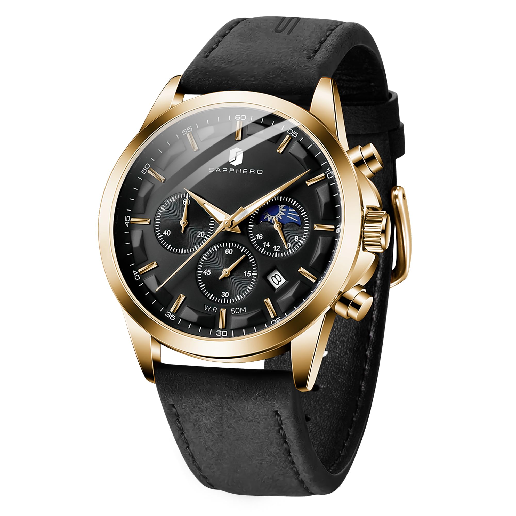 SAPPHERO Chronograph Watches for Men, Original Business Casual Stainless Steel Analog Watch 50M Waterproof Luminous Watches with Date Dial, Mens Gift