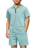 Haloumoning Boys 2 Piece Summer Outfits Kids Quarter Zip Polo Shirt and Shorts Set Athletic Tracksuit 5-14 Years