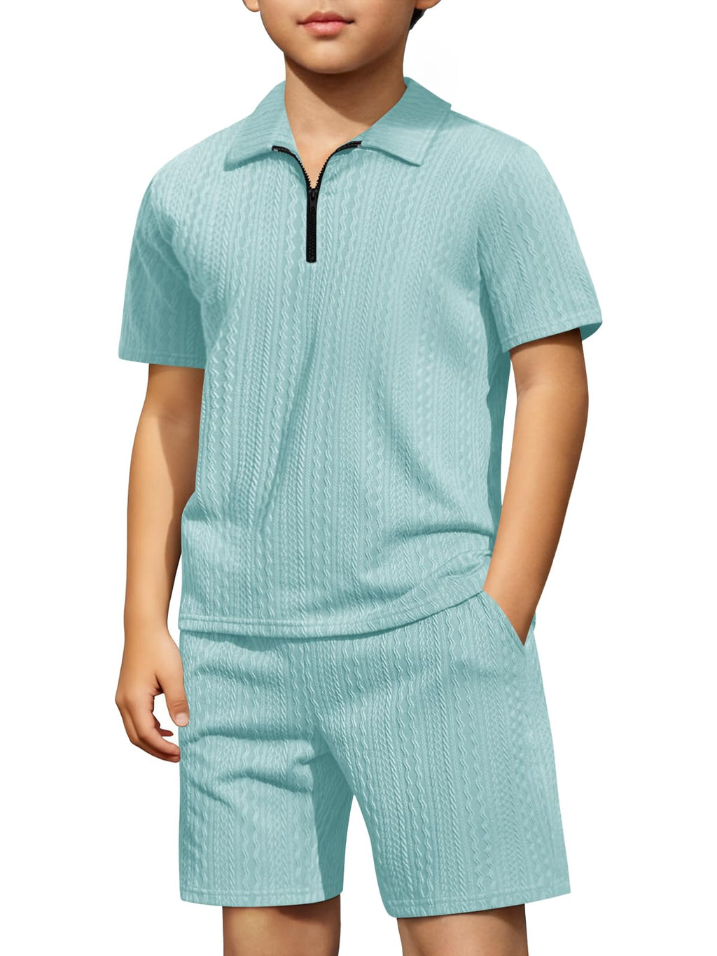 Haloumoning Boys 2 Piece Summer Outfits Kids Quarter Zip Polo Shirt and Shorts Set Athletic Tracksuit 5-14 Years