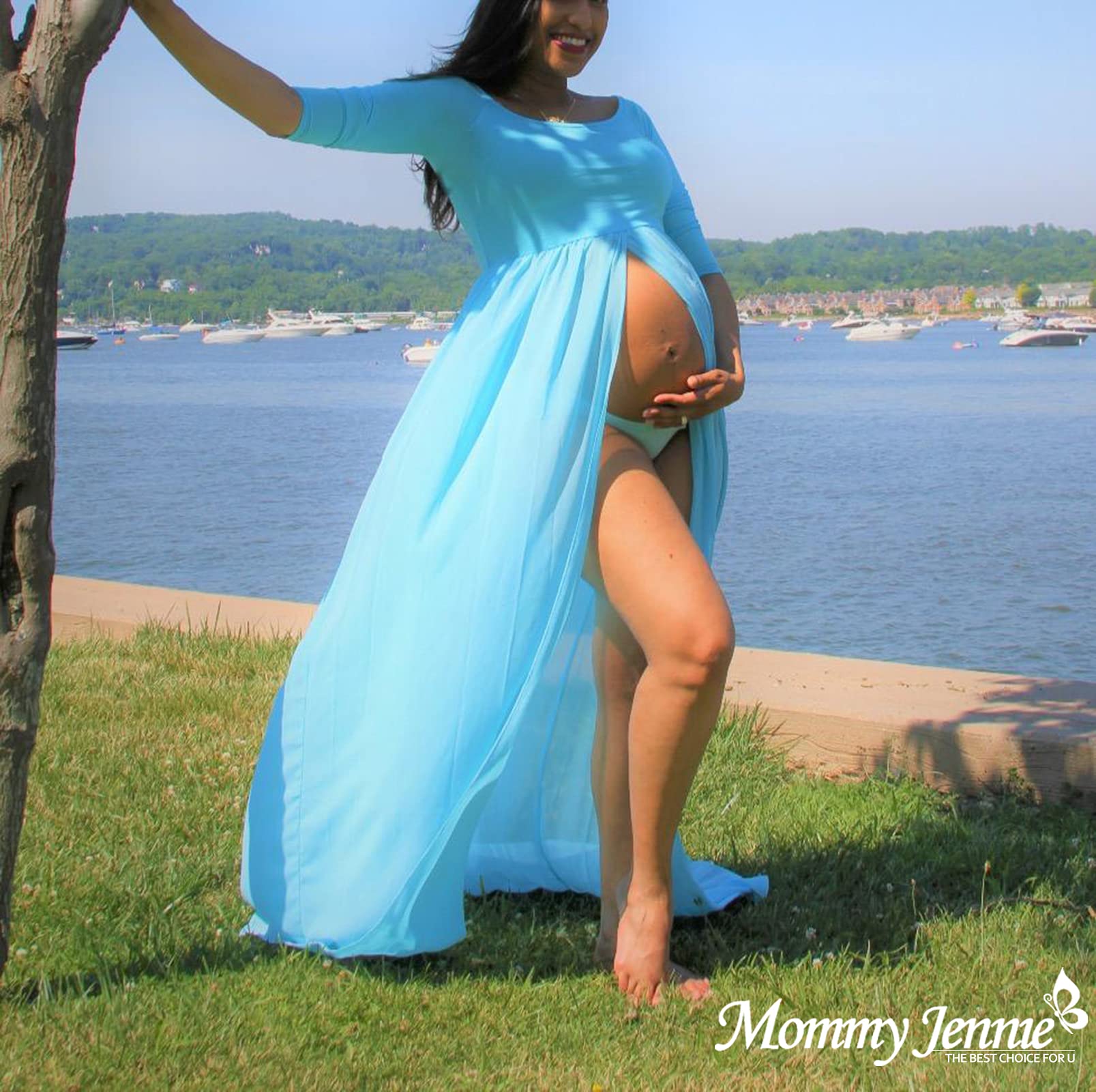 Mommy Jennie Maternity Dress Off Shoulder Long Sleeve Split Front Chiffon Gown for Photoshoot