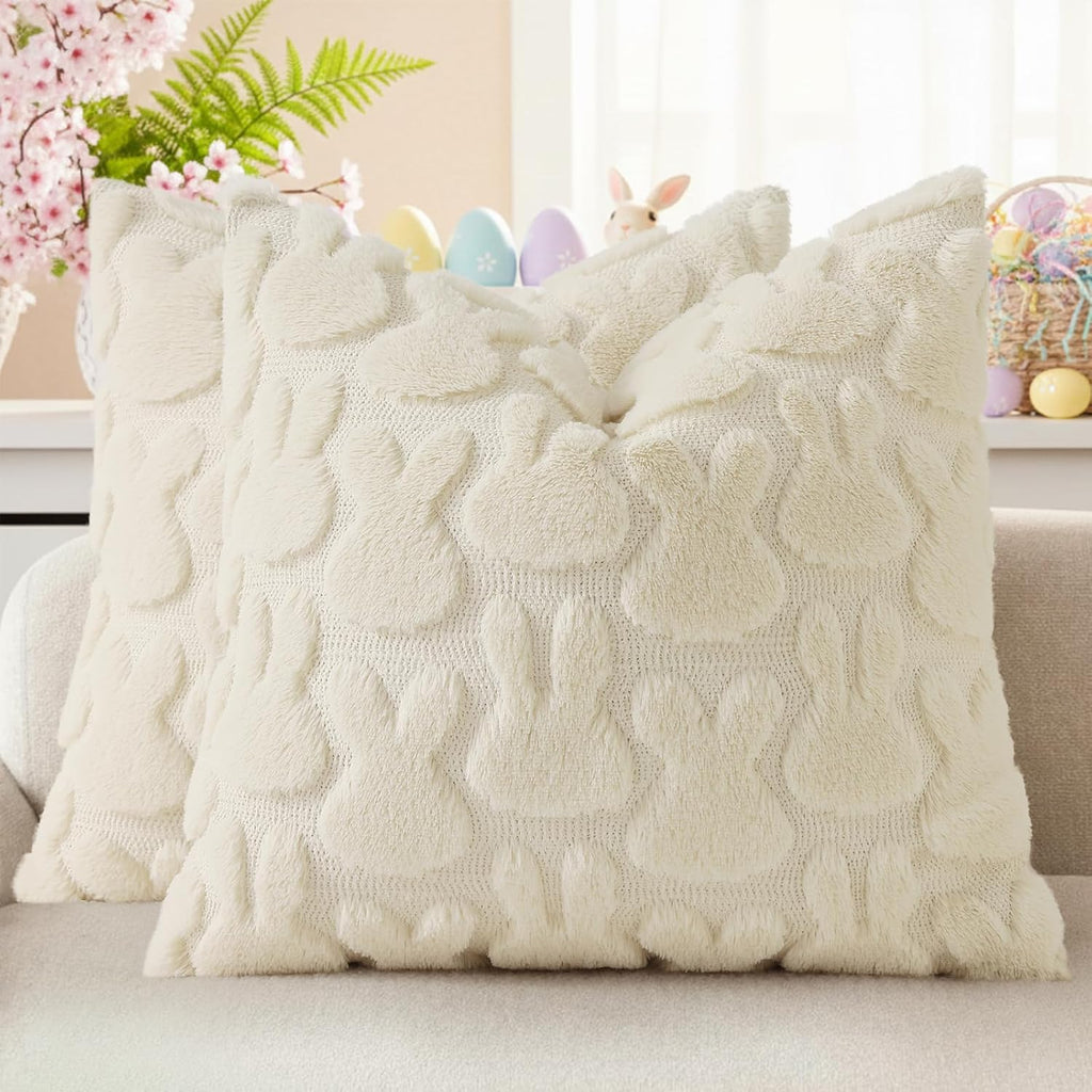 decorUhome Throw Pillow Covers 18x18 Inch Set of 2, Soft Plush Faux Wool Cream White Solid Couch Pillow Covers, Accent Farmhouse Neutral Square Pillow Cases for Sofa Bed Living Room
