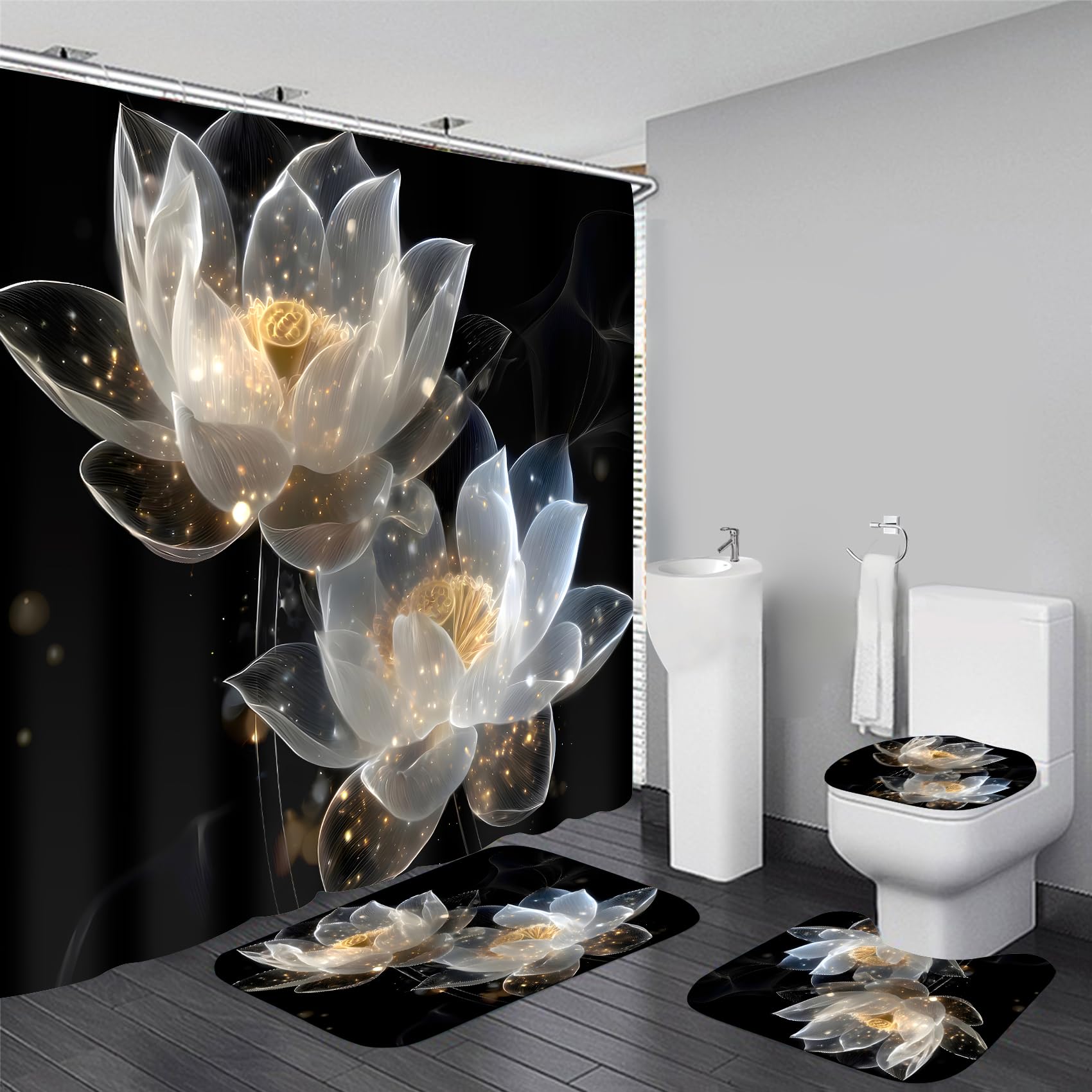 AZHM 4PCS Lotus Shower Curtain Set Black and Gold Flower Bathroom Decor Sets with Shower Curtain and Rugs and Accessories with 12 Hooks for Toilet