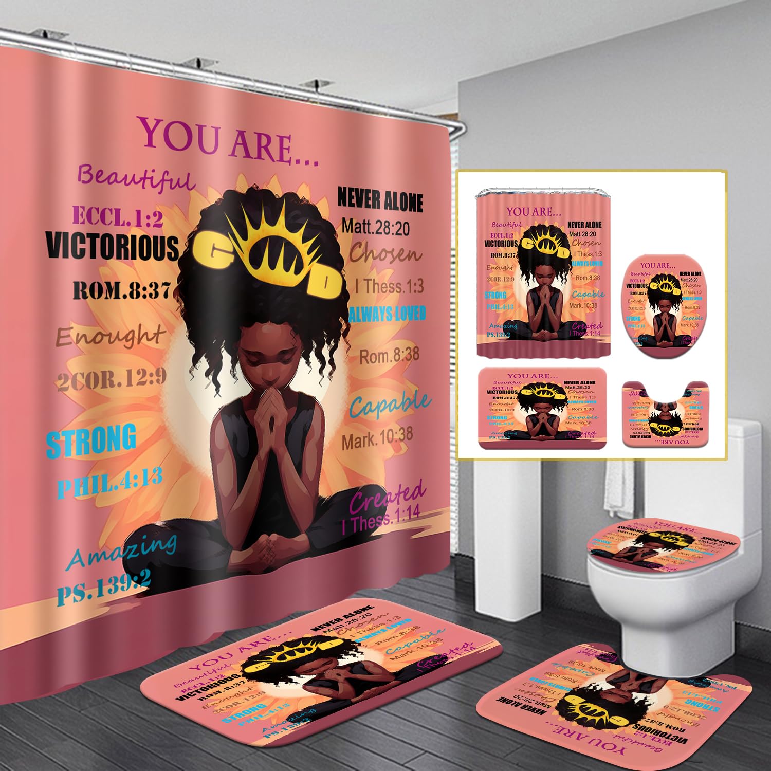 African American Shower Curtain Sets for Bathroom, Black Praying King Bathroom Sets with Waterproof Shower Curtain and Non-Slip Rugs Toilet Lid Cover Bath Mat, Cool Unique Man Bathroom Decor Sets