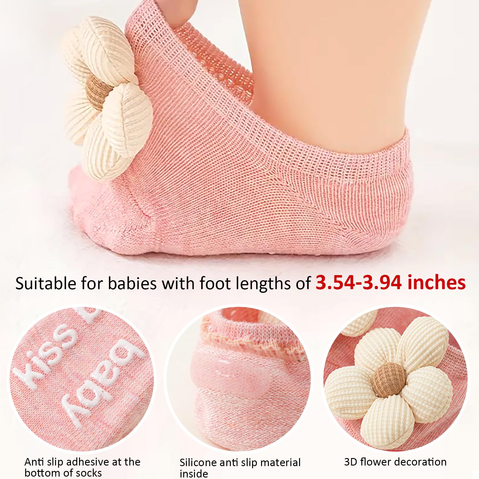 KEAINVRN 4Packs Baby Girls Socks,Flower Non-Slip Grips for Babies Toddler Princess Low Cut Ankle Socks for Girls