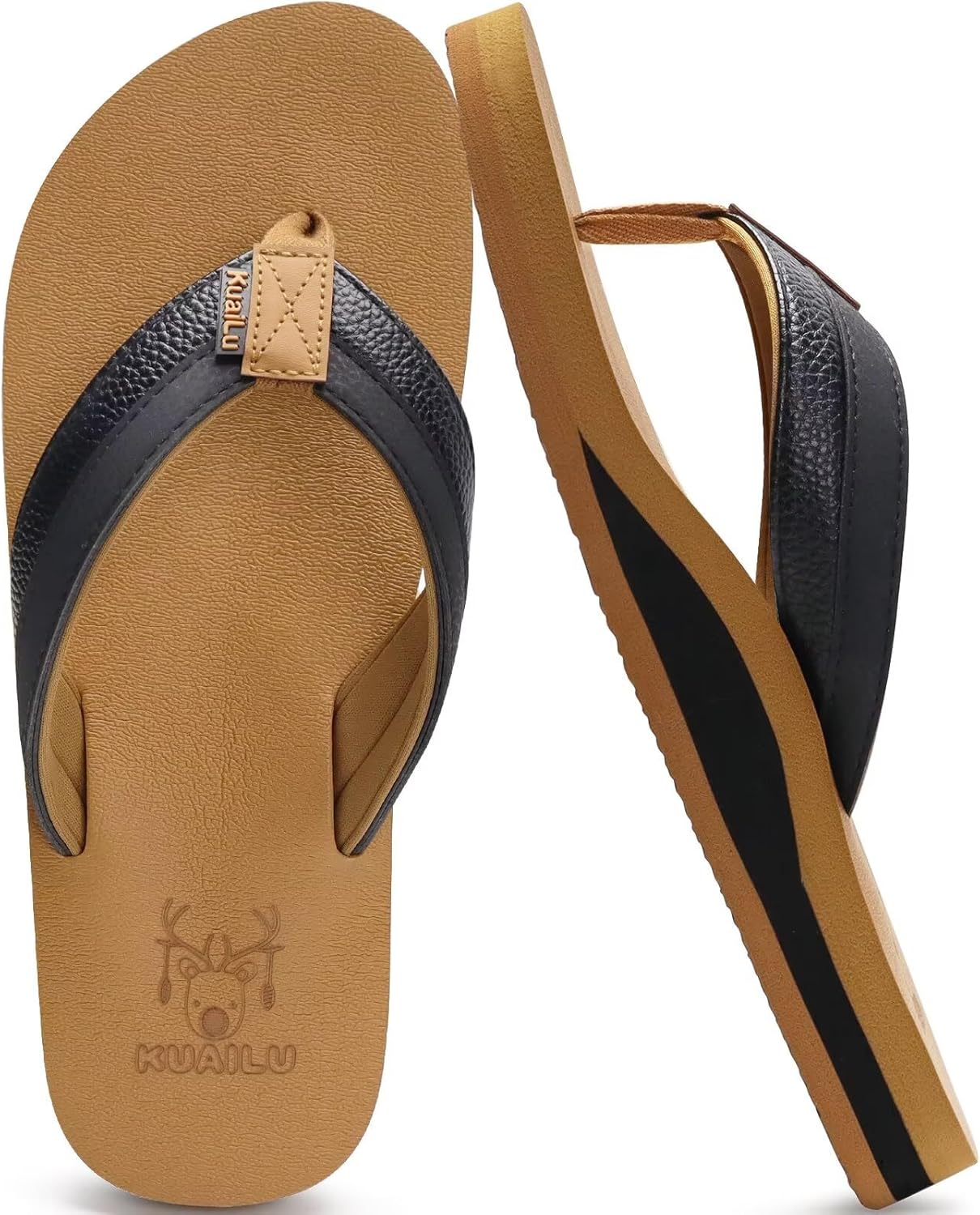 KuaiLu Men's Yoga Mat Leather Flip Flops with Arch Support Comfortable Cushion Walking Thong Sandals Slip On Indoor Outdoor
