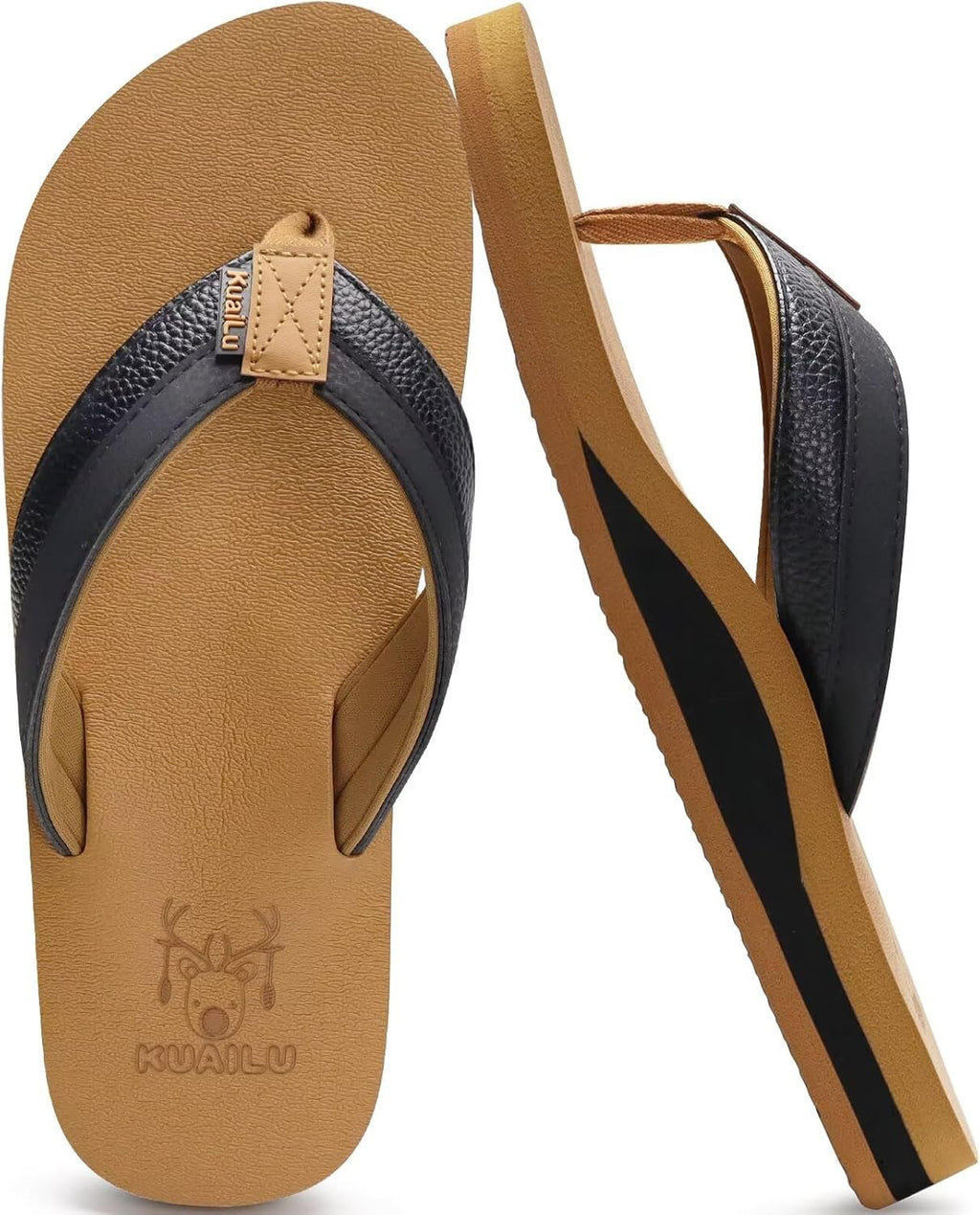 KuaiLu Men's Yoga Mat Leather Flip Flops with Arch Support Comfortable Cushion Walking Thong Sandals Slip On Indoor Outdoor