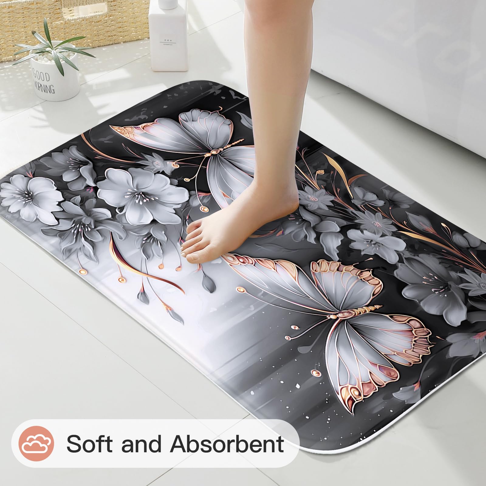 Litabel 4 Pcs Black Floral Butterfly Shower Curtain Set with Non-Slip Rugs, White Gold Modern Toilet Lid Cover and Bath Mat, Elegant Bathroom Decor Set (Hooks Not Included)