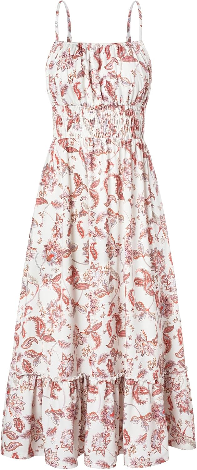 GRACE KARIN Summer Dresses for Women 2026 Vacation,Smocked Floral Maxi Dress,Boho Beach Sundress with Pocket Fashion Clothing