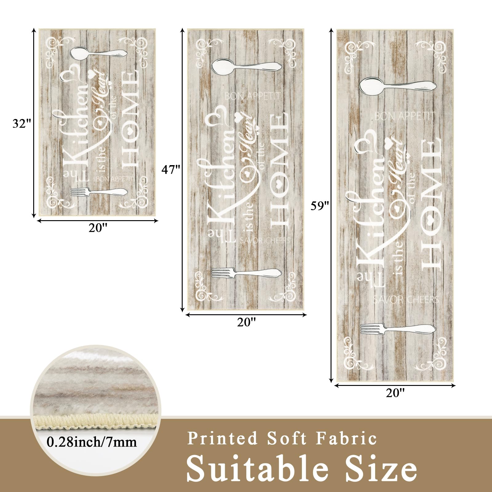 Vaukki Boho Kitchen Rug Sets 3 Pieces, Washable Kitchen Mats for Floor, Non Slip Soft Kitchen Area Rug Floor Mat for Kitchen, Laundry Room and Hallway (Grey and Beige, 20''x32''+20''x47''+20''x59'')