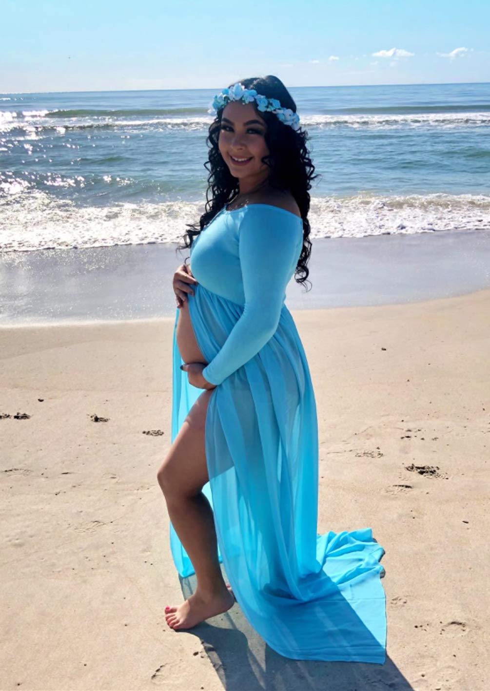 ZIUMUDY Maternity Maxi Chiffon Photography Dress Split Front Gown for Photoshoot