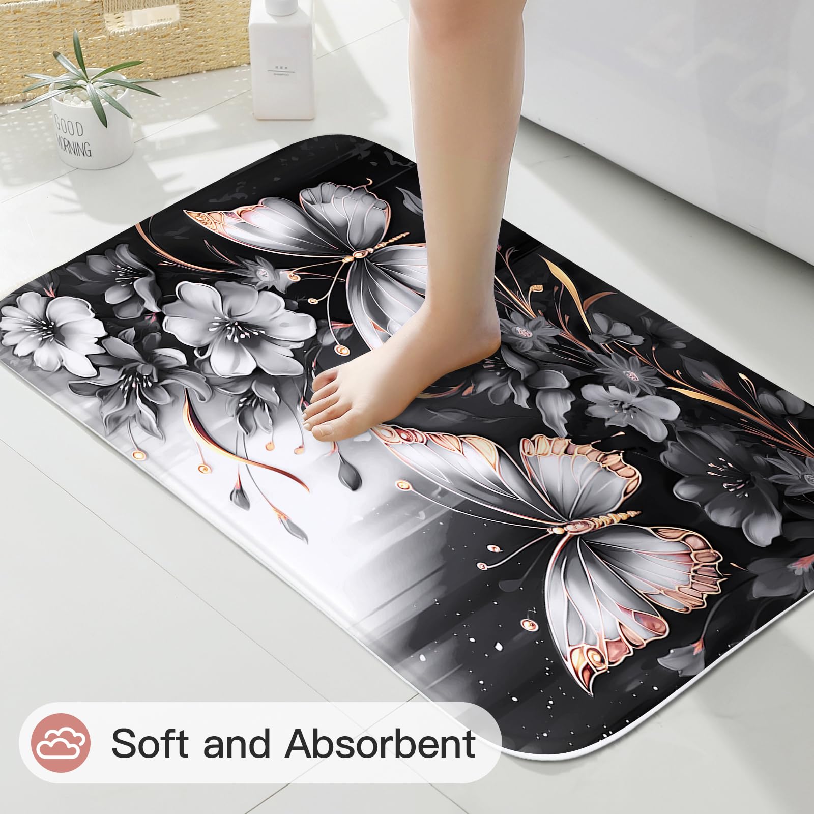 Litabel 4 Pcs Black Floral Butterfly Shower Curtain Set with Non-Slip Rugs, White Gold Modern Toilet Lid Cover and Bath Mat, Elegant Bathroom Decor Set (Hooks Not Included)