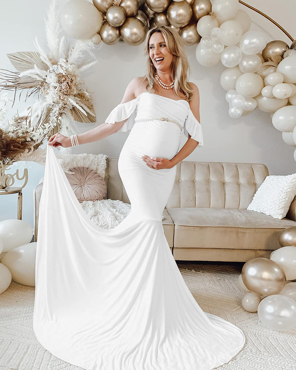 Saslax Off Shoulder Ruffle Sleeves Elegant Fitted Maxi Maternity Dress for Photoshoot Baby Shower