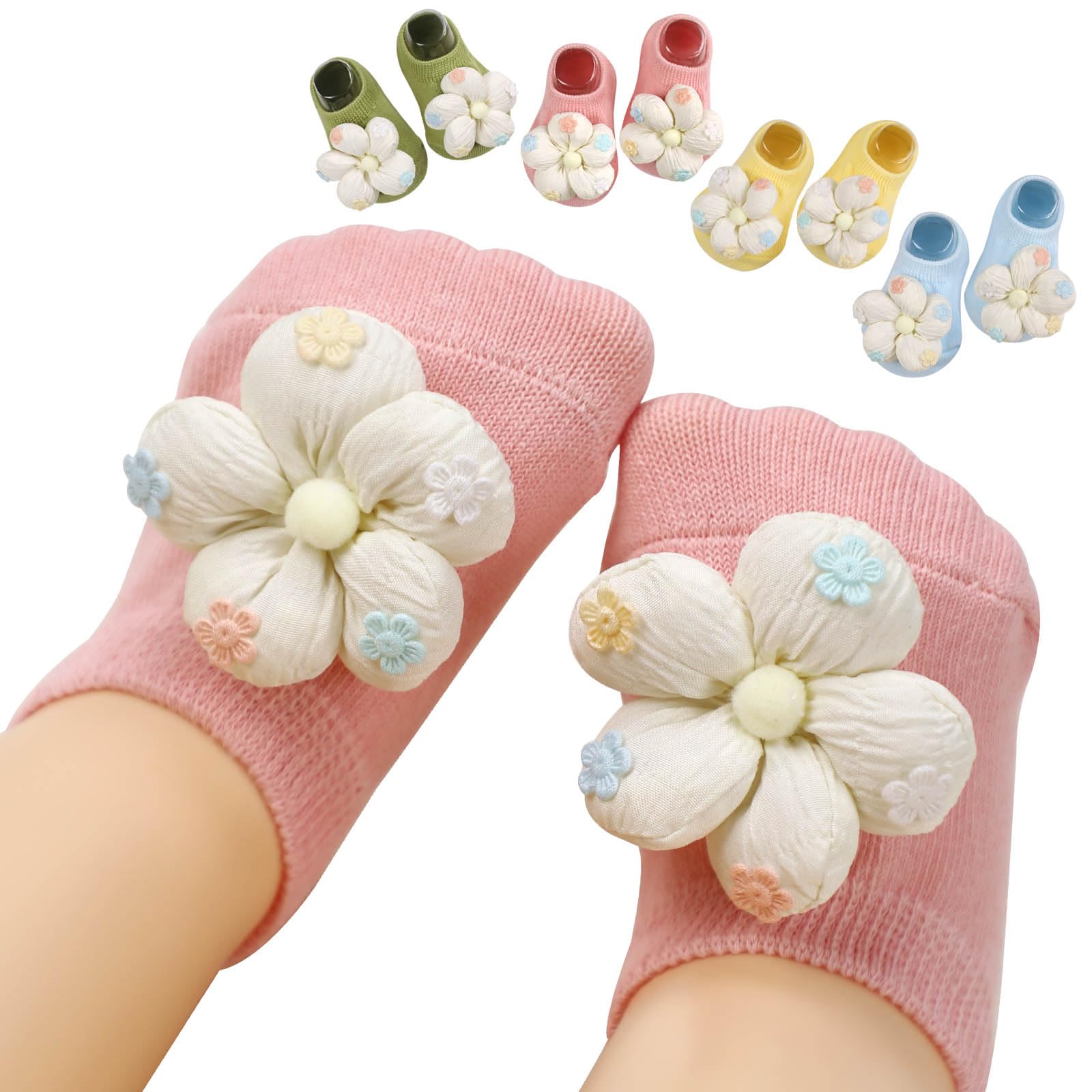 KEAINVRN 4Packs Baby Girls Socks,Flower Non-Slip Grips for Babies Toddler Princess Low Cut Ankle Socks for Girls
