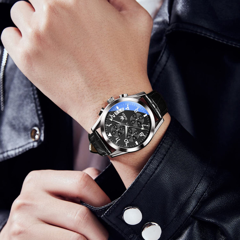 OLEVS Men's Casual Leather Watch, Big Face Chronograph Watch for Men, Fashion Easy to Read Dress Watch, Men's Waterproof Luminous Date Analog Watch, Gold/Black/White/Blue Dial