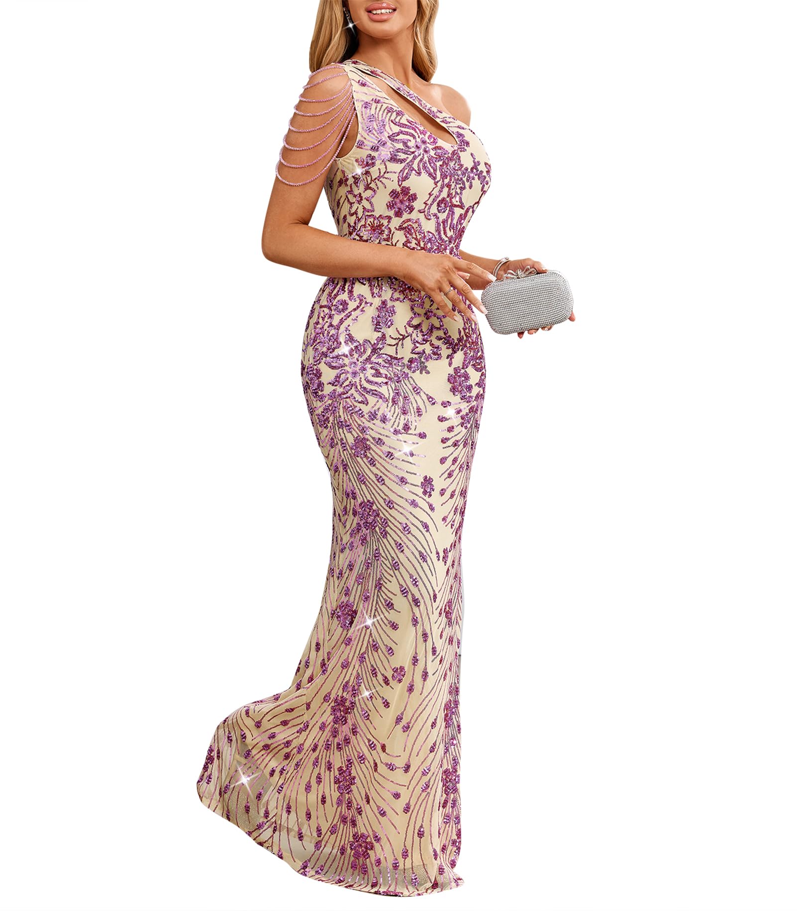 Cololura Women Sequin Elegant Sexy One Shoulder Tassel Mermaid Bodycon Cocktail Evening Dress