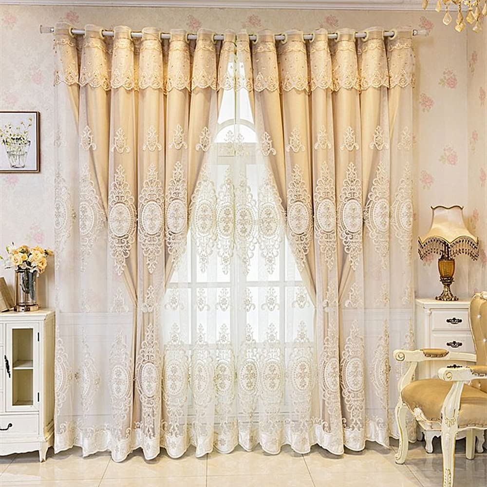 Amidoudou 1 Pair European Double Layer Curtains with Valances for Living Room Bedroom Luxury 3D Flower Embroidered Curtains (Yellow,52x96 Inch)