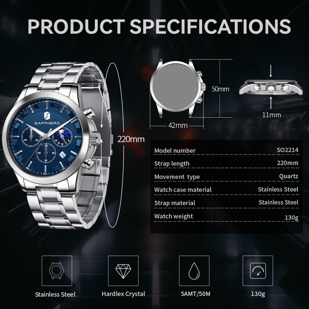 SAPPHERO Chronograph Watches for Men, Original Business Casual Stainless Steel Analog Watch 50M Waterproof Luminous Watches with Date Dial, Mens Gift