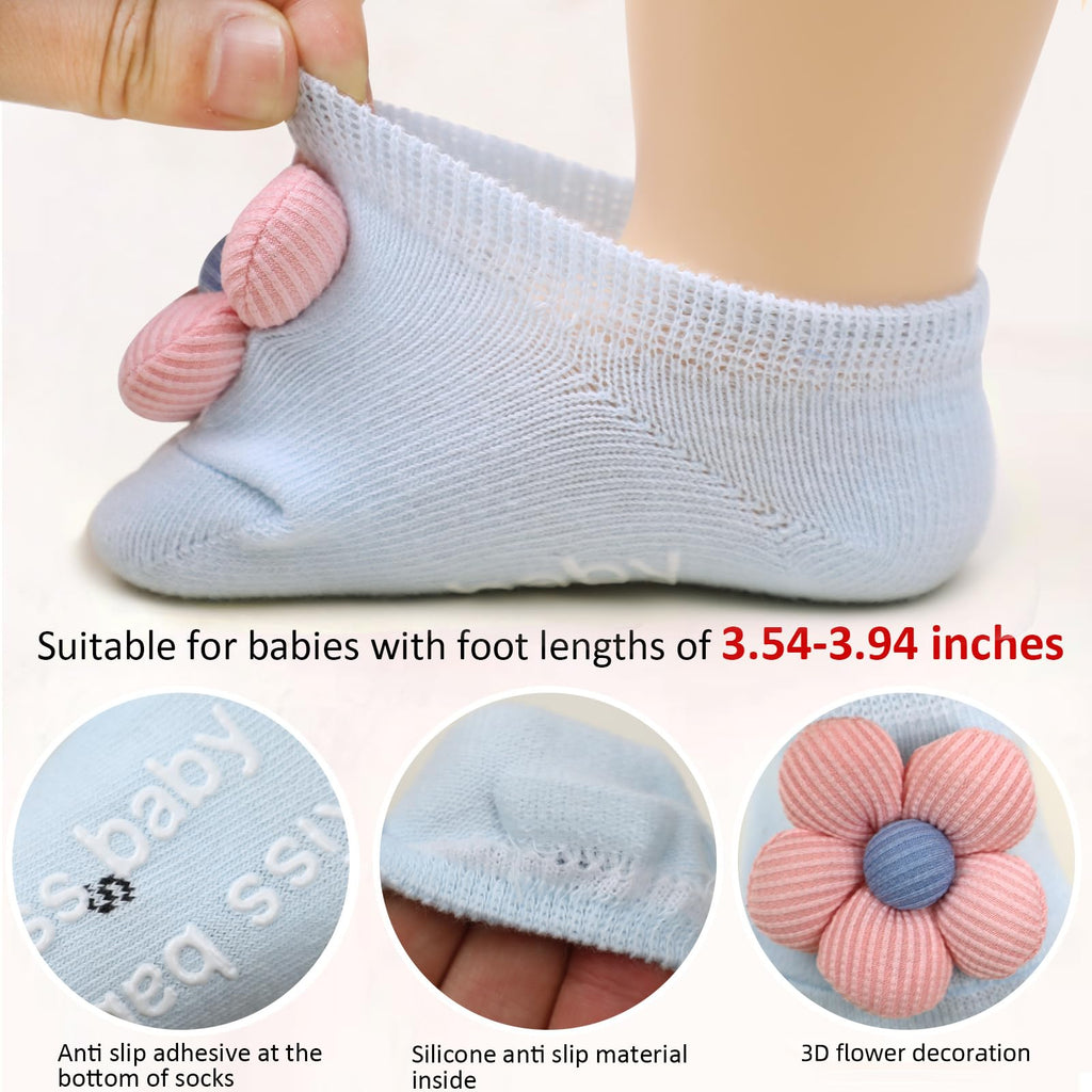 KEAINVRN 4Packs Baby Girls Socks,Flower Non-Slip Grips for Babies Toddler Princess Low Cut Ankle Socks for Girls