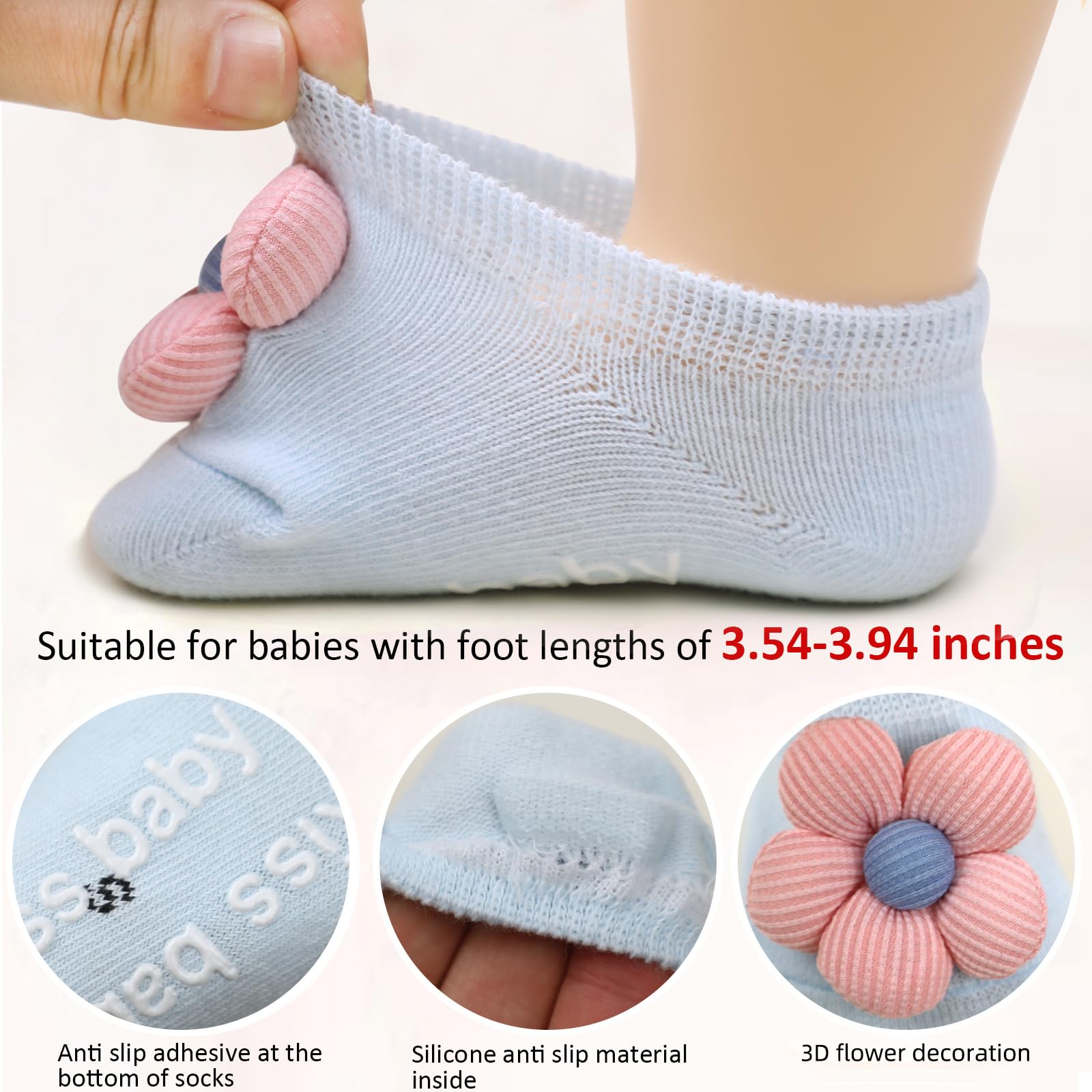 KEAINVRN 4Packs Baby Girls Socks,Flower Non-Slip Grips for Babies Toddler Princess Low Cut Ankle Socks for Girls