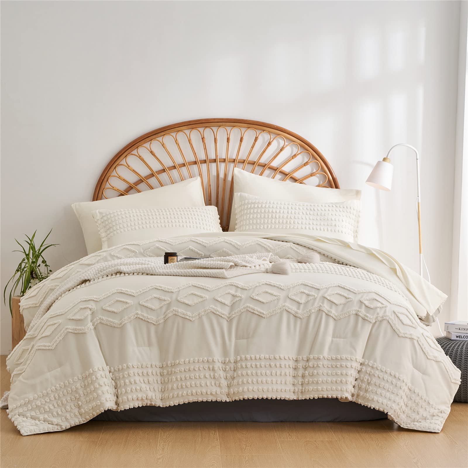 KAKIJUMN Grey Tufted Comforter Set King Size 7 Piece Bed in a Bag, Shabby Chic Boho Comforter and Sheet Set, Pom Pom Textured Bed Set, All Season Soft Microfiber Complete Bedding Set(Grey,King)