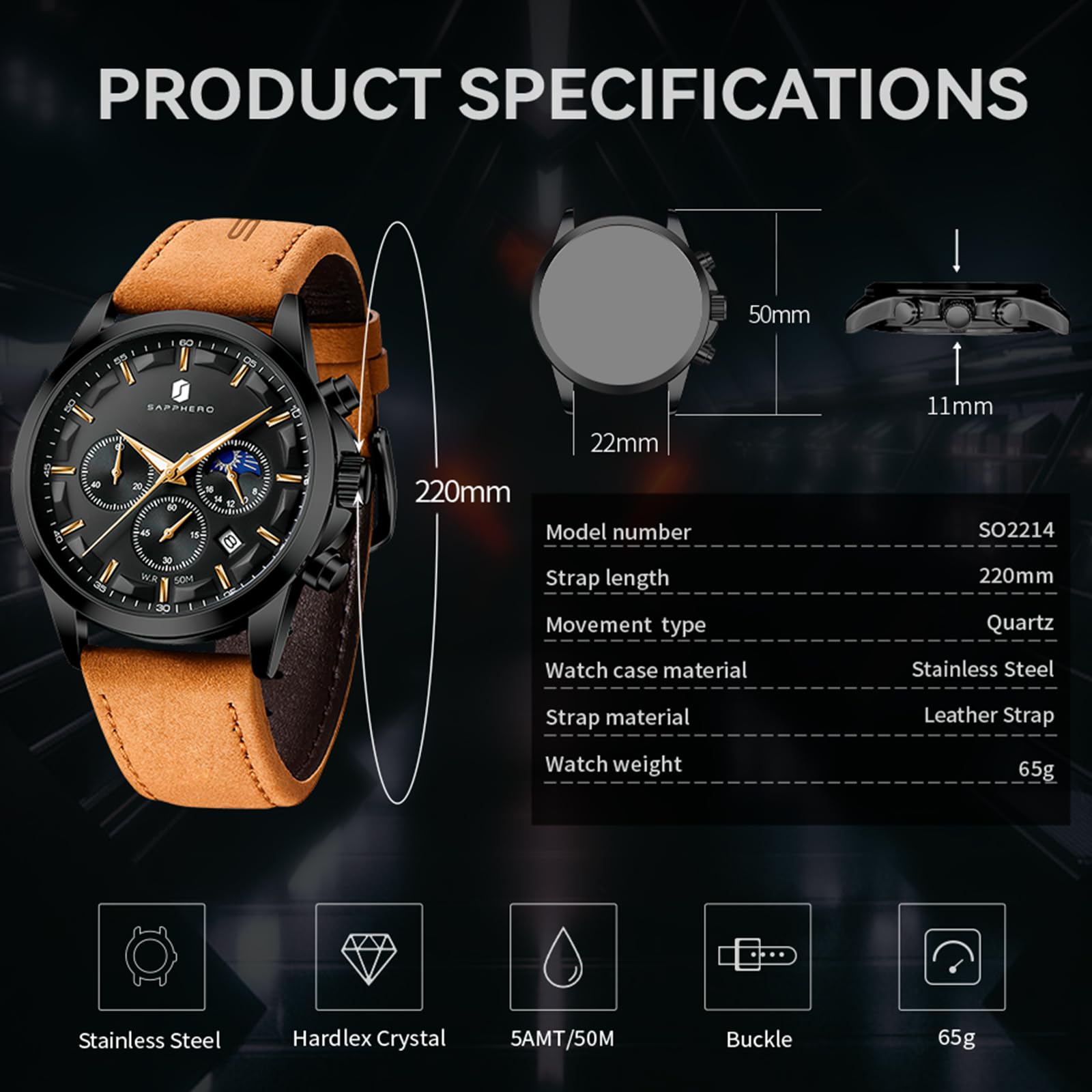 SAPPHERO Chronograph Watches for Men, Original Business Casual Stainless Steel Analog Watch 50M Waterproof Luminous Watches with Date Dial, Mens Gift