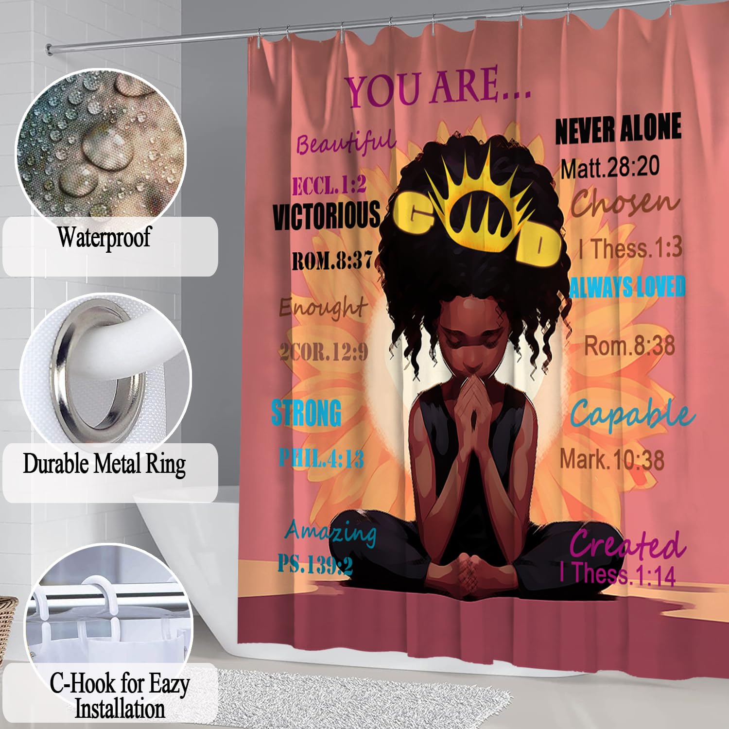 African American Shower Curtain Sets for Bathroom, Black Praying King Bathroom Sets with Waterproof Shower Curtain and Non-Slip Rugs Toilet Lid Cover Bath Mat, Cool Unique Man Bathroom Decor Sets