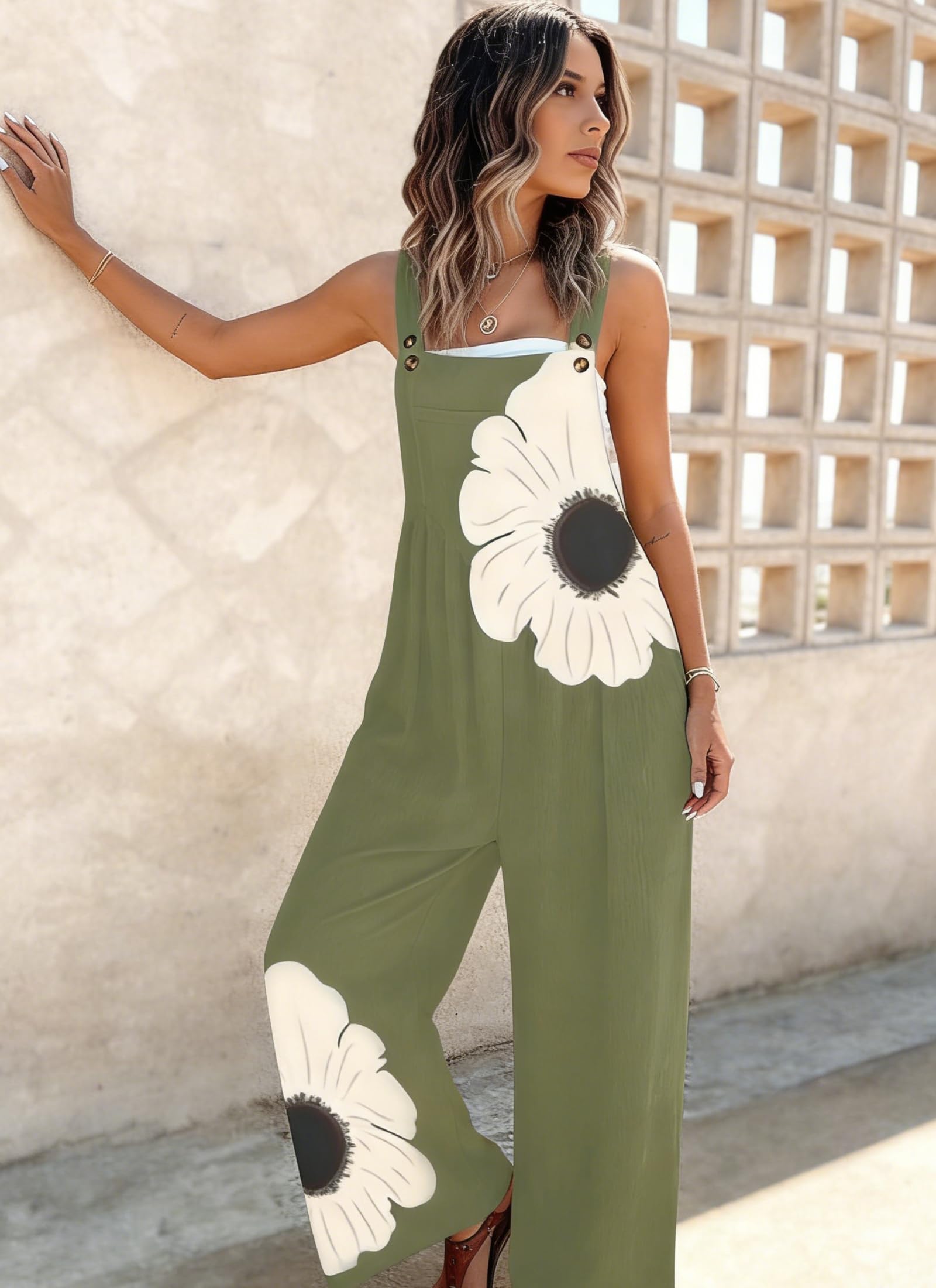 Women's Jumpsuits 2026 Summer Floral Overalls One Piece Outfits Sleeveless Wide Leg Pants Rompers with Pockets