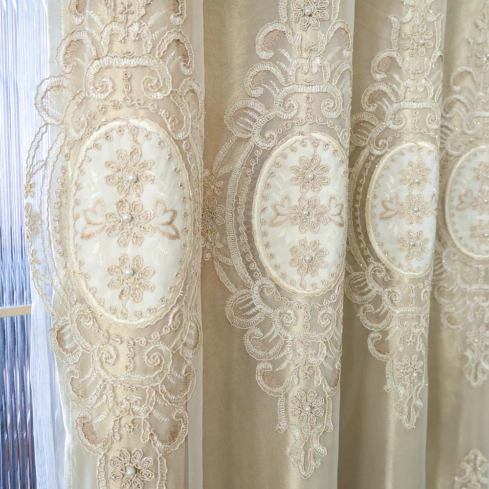 Amidoudou 1 Pair European Double Layer Curtains with Valances for Living Room Bedroom Luxury 3D Flower Embroidered Curtains (Yellow,52x96 Inch)