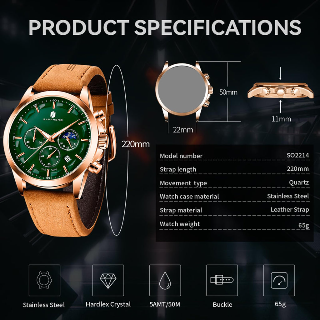 SAPPHERO Chronograph Watches for Men, Original Business Casual Stainless Steel Analog Watch 50M Waterproof Luminous Watches with Date Dial, Mens Gift